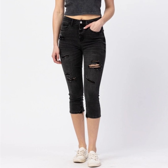 Judy Blue Jeans Skinny Fit Capri 7 28 Gray Black Distressed Stretch High Waist‎ - Picture 1 of 7